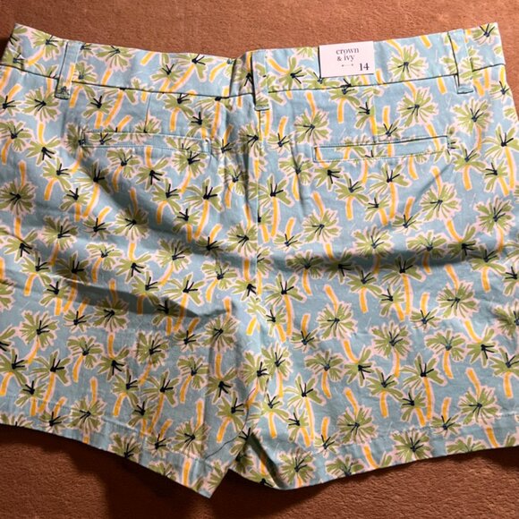 NWT Crown & Ivy Women 14 Aqua Green Palms High Raise Flat Front Chino Shorts (V) - Picture 8 of 9